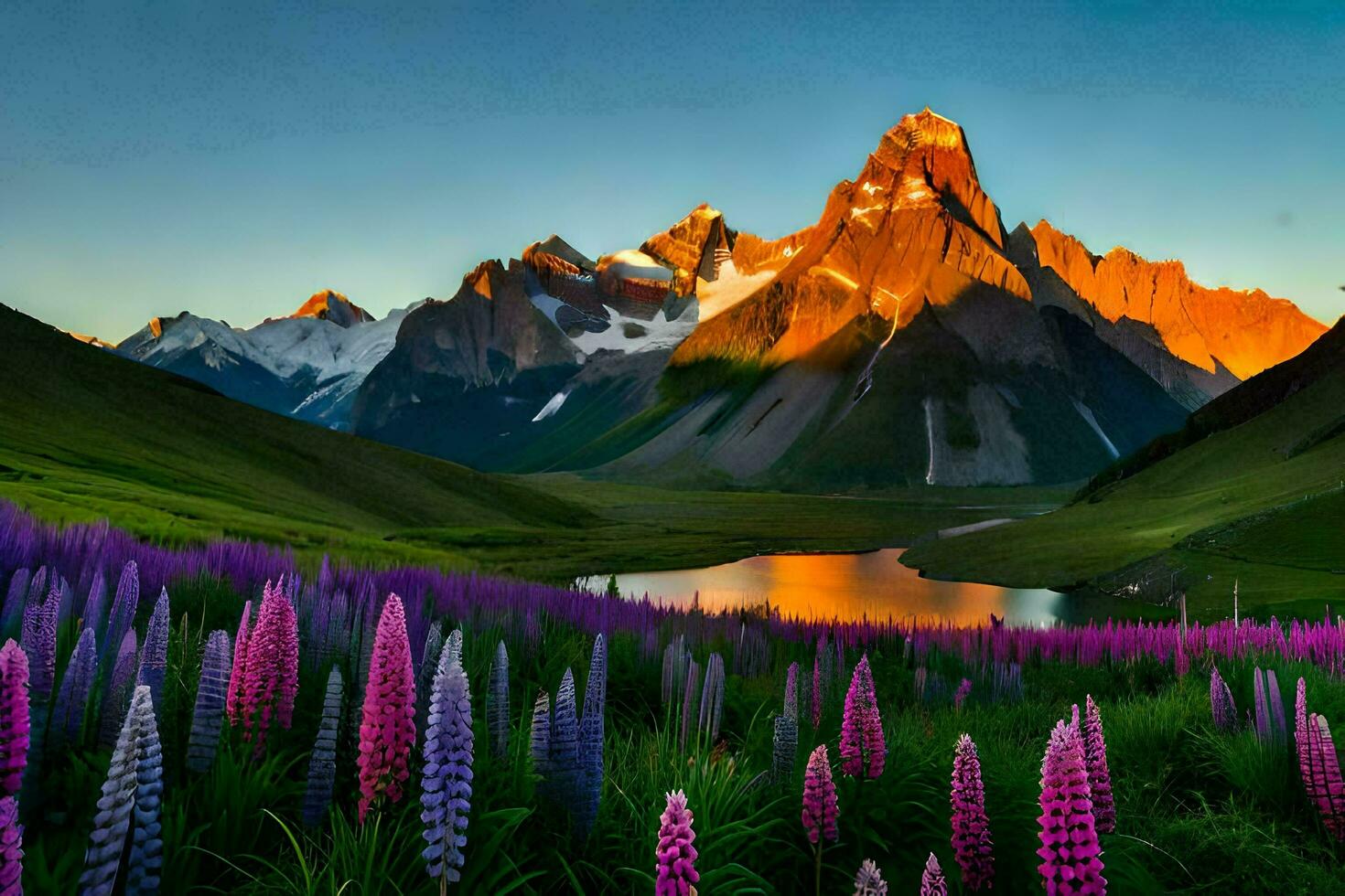 the mountains are covered in purple flowers and the sun is shining on the lake. AI-Generated photo