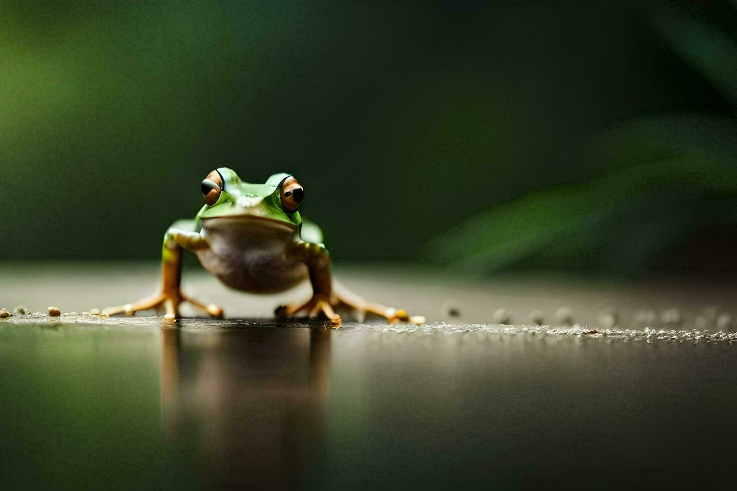 a frog sitting on the ground with a green background. AI-Generated photo
