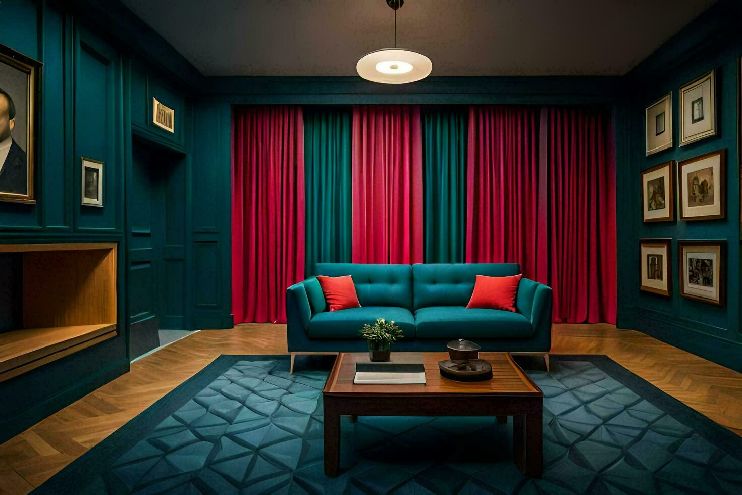 a living room with blue walls and red curtains. AI-Generated photo