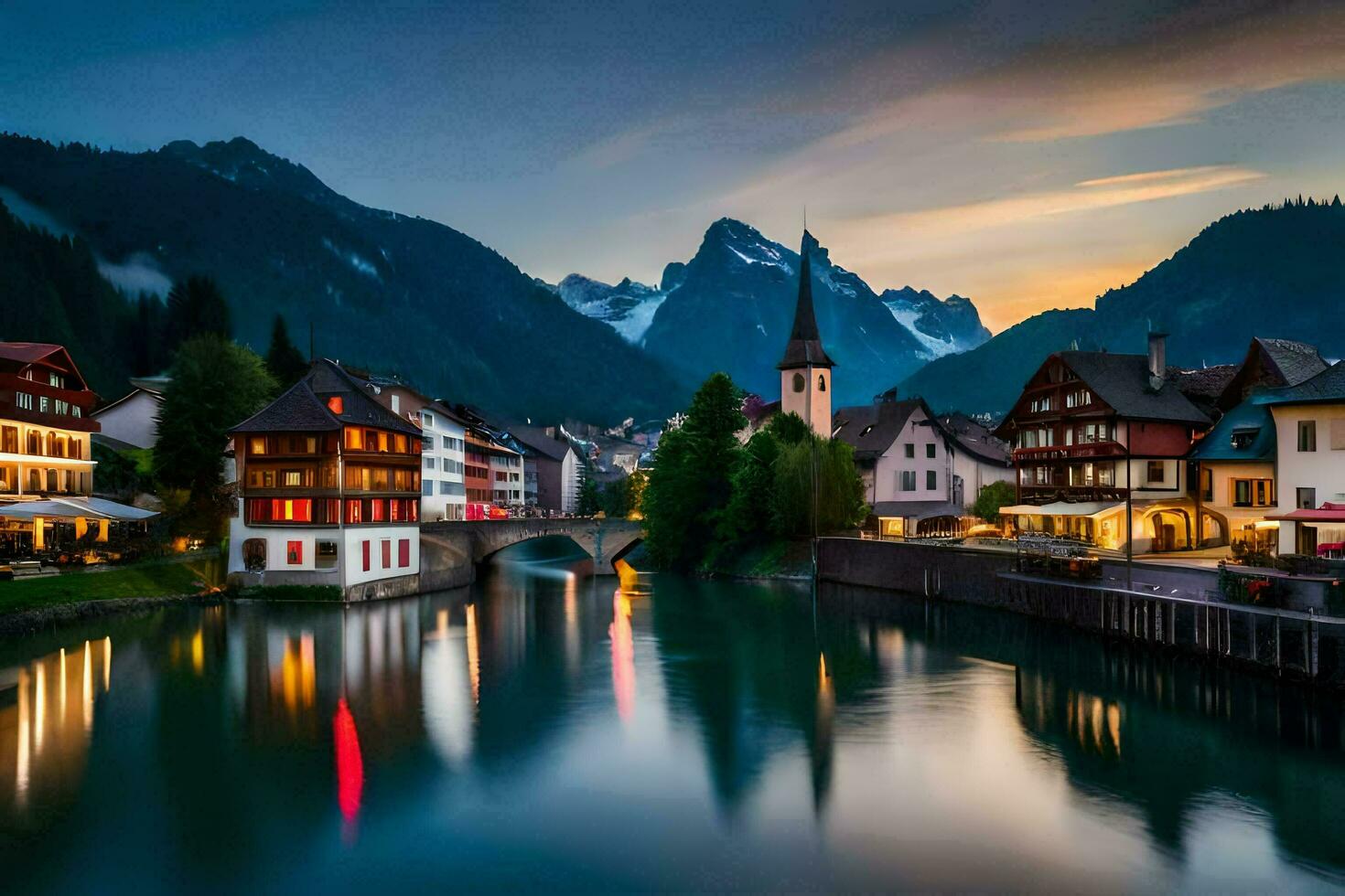 the town of altenburg in the alps at dusk. AI-Generated photo