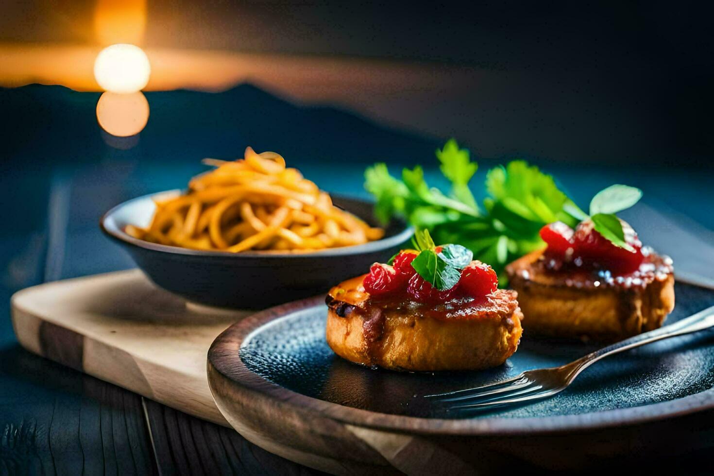the food is served on a wooden table with a fork and knife. AI-Generated photo
