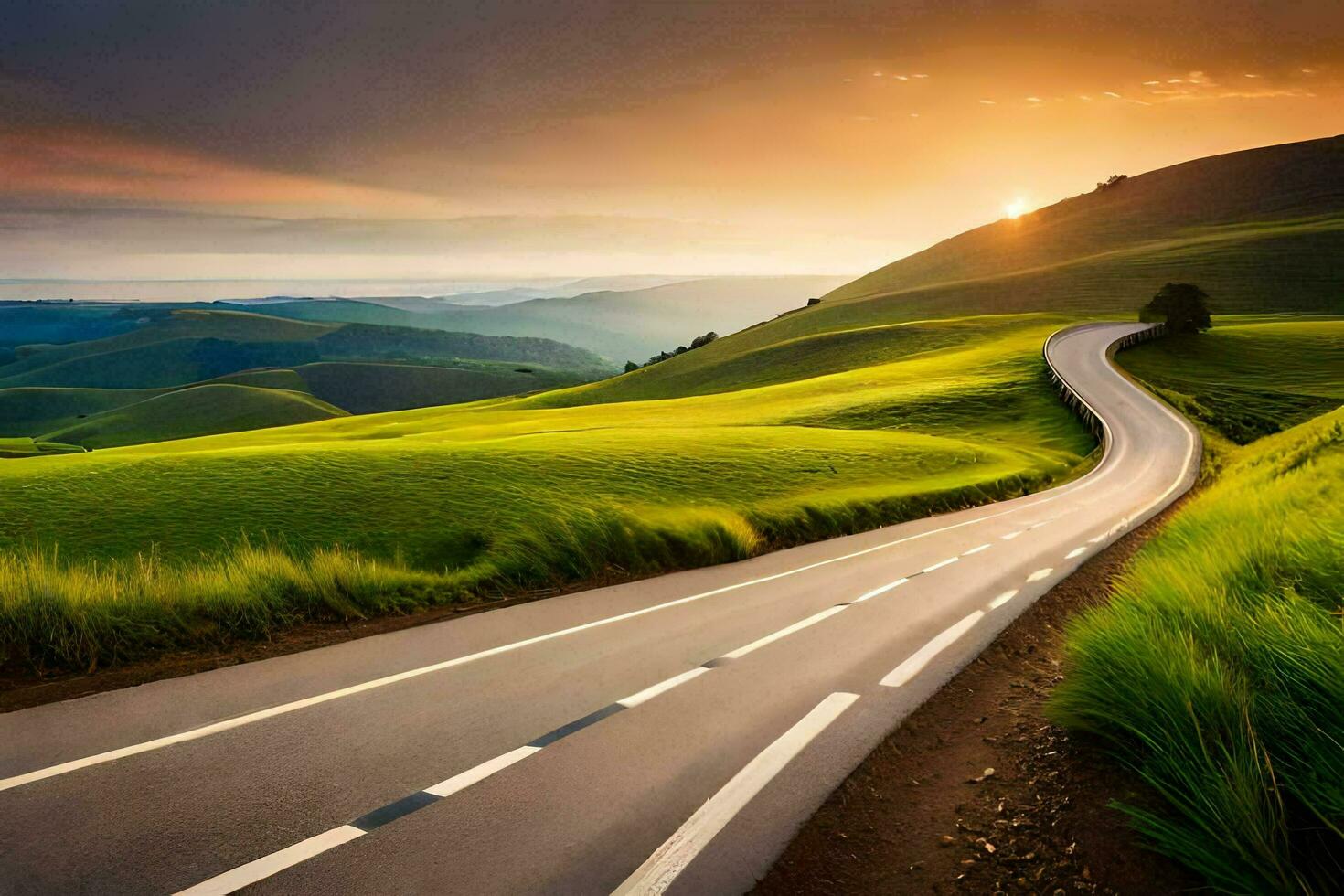 a winding road in the mountains with the sun setting. AI-Generated photo