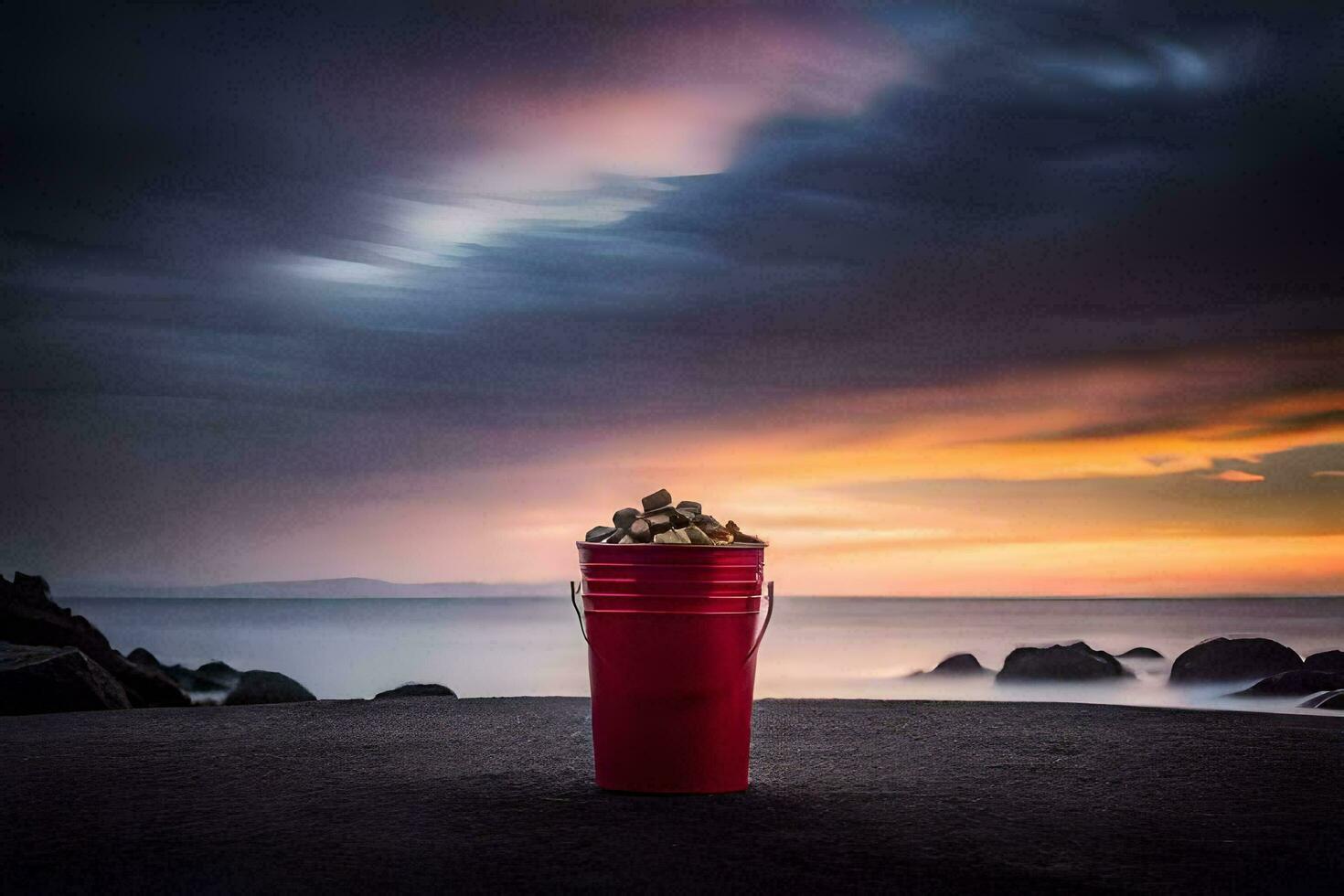 a red bucket filled with rocks sitting on the ground. AI-Generated photo