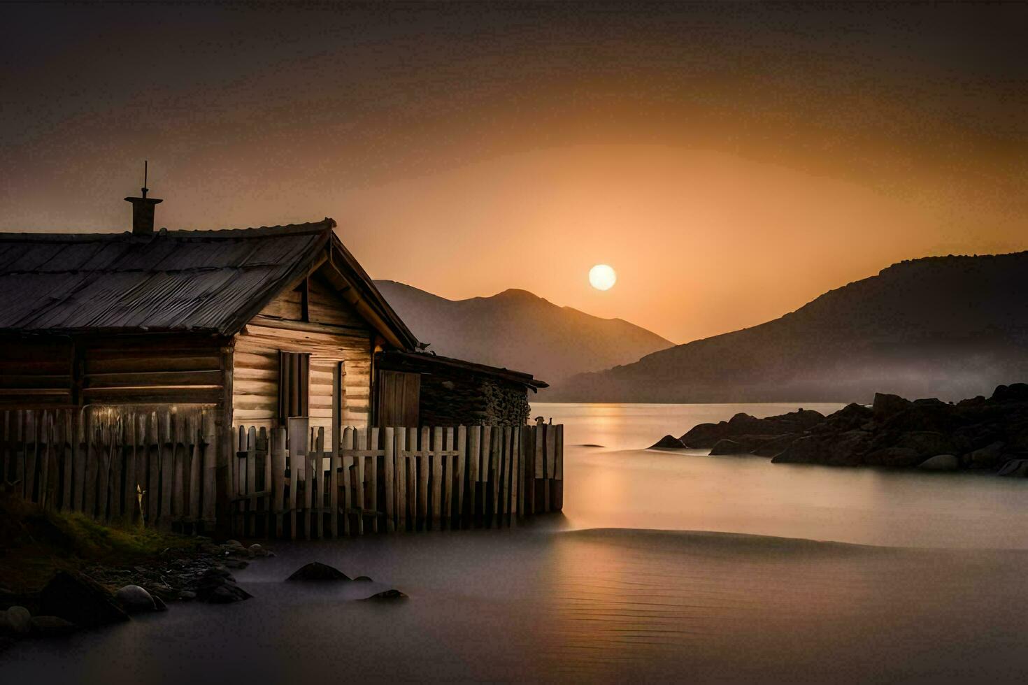 a cabin in the middle of the lake at sunset. AI-Generated photo