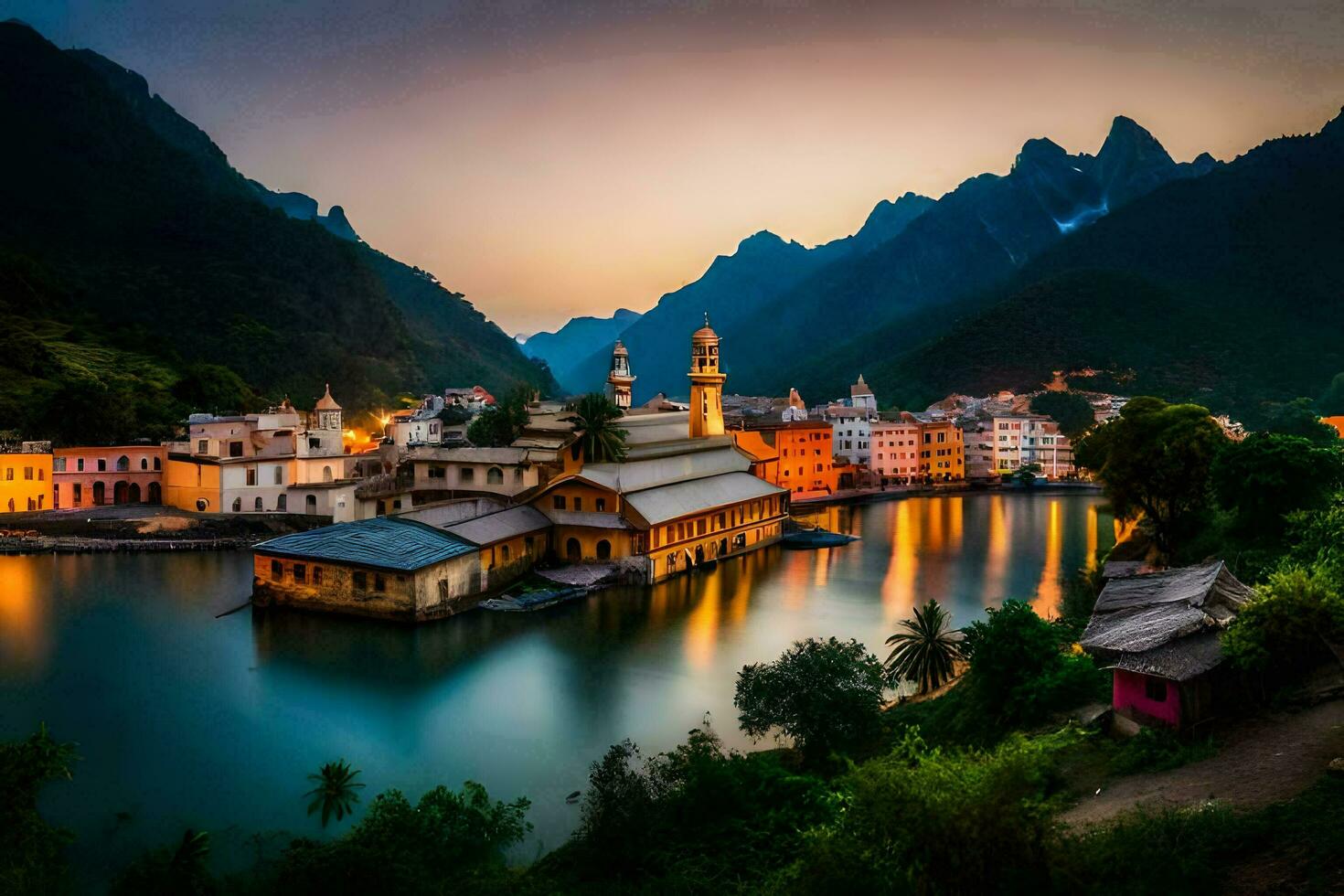 photo wallpaper the sky, mountains, water, buildings, the city, the lake, the city. AI-Generated