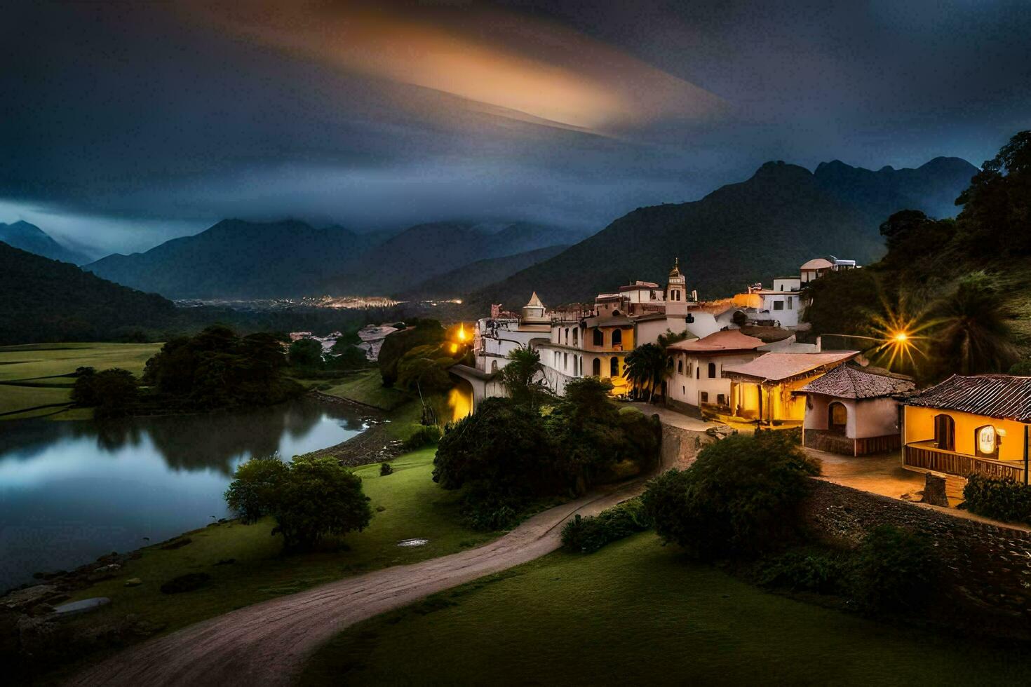 un pueblo en el montañas a noche. generado por ai foto