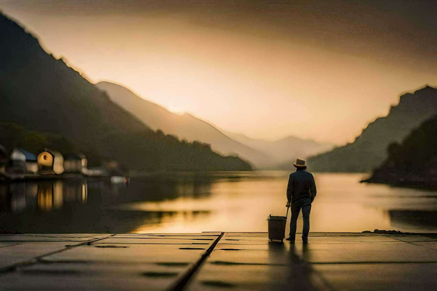 a man standing on a dock looking at the sunset. AI-Generated photo