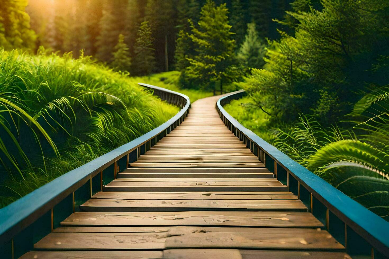 a wooden path leads to a green field. AI-Generated photo