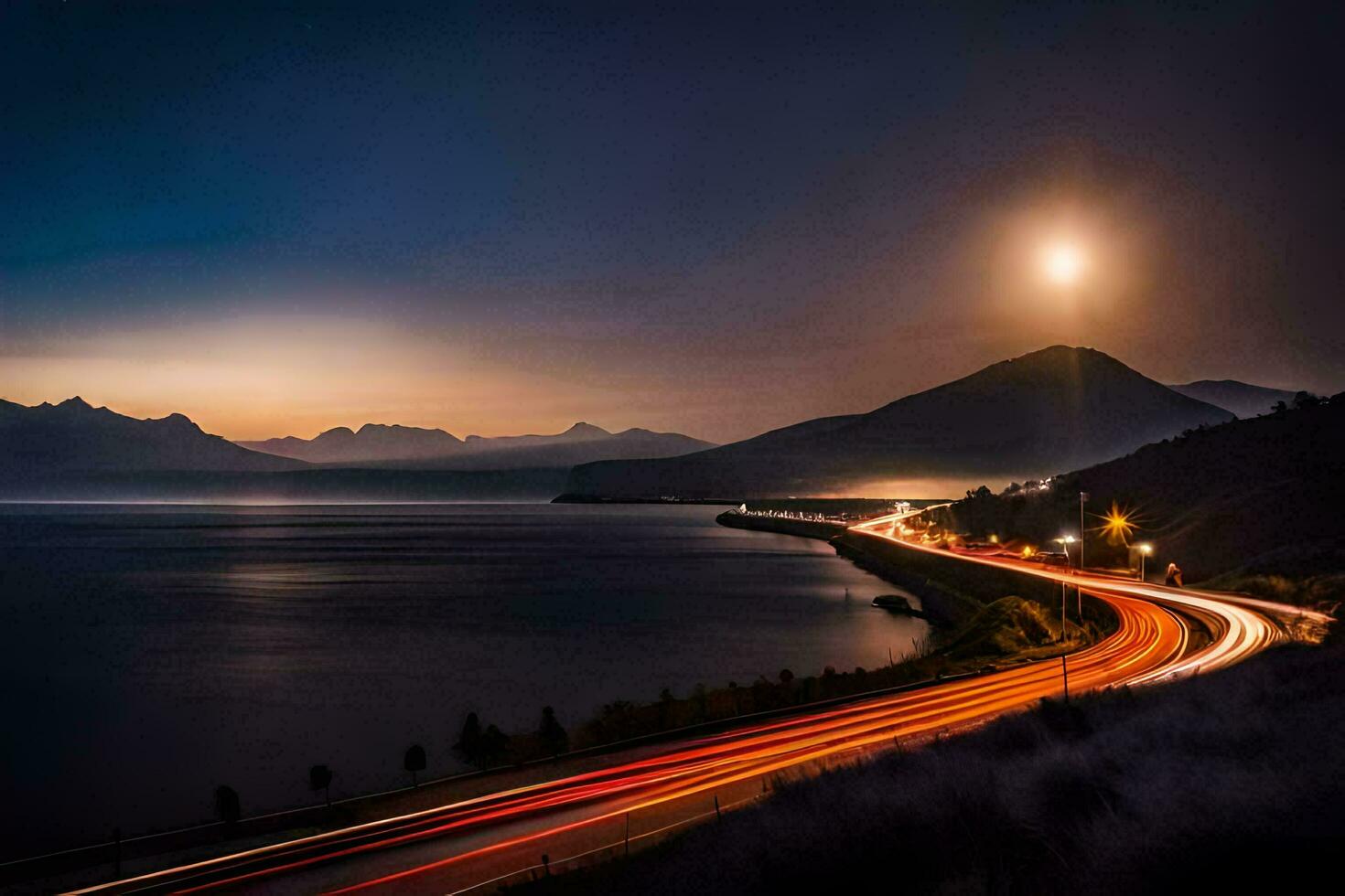 un largo exposición fotografía de un la carretera y un montaña a noche. generado por ai foto