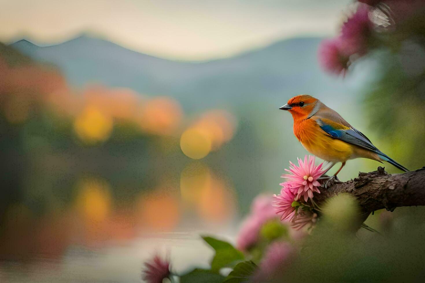 a colorful bird sits on a branch near a lake. AI-Generated photo