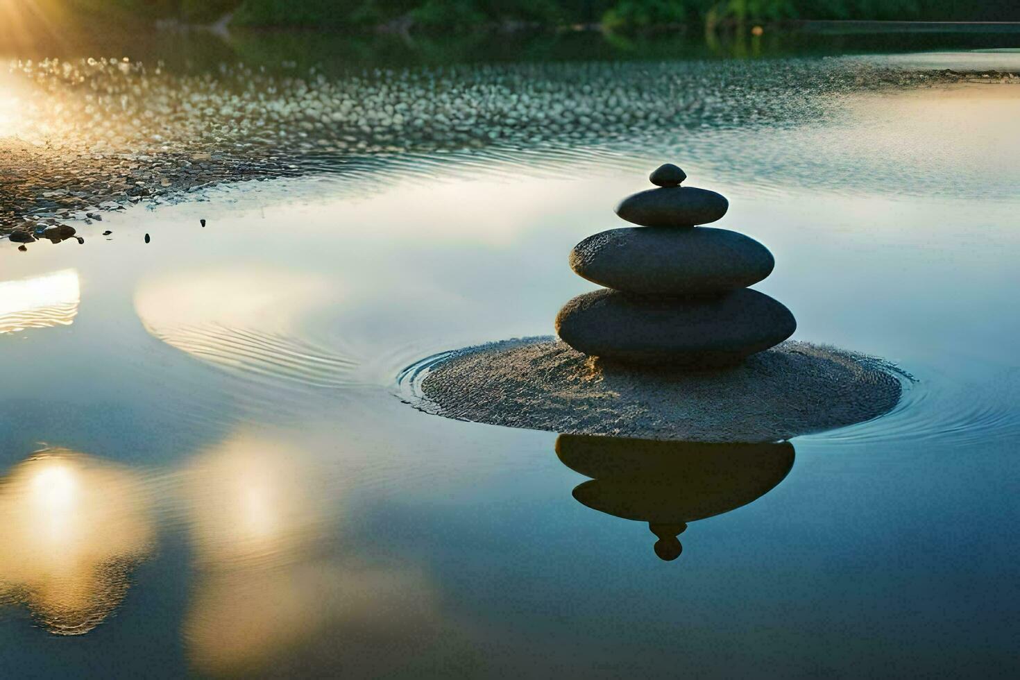 un apilar de rocas sentado en parte superior de un lago. generado por ai foto
