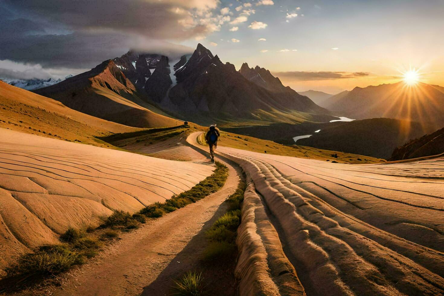 a man walks along a path in the mountains. AI-Generated photo