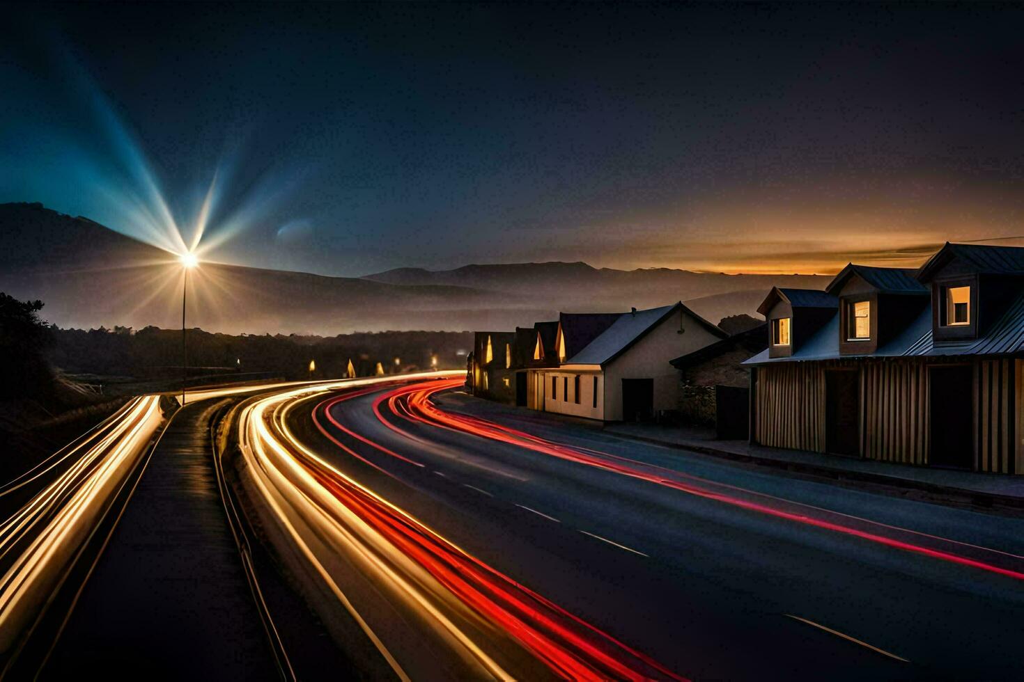 a long exposure photo of a road at night with a bright sun. AI-Generated