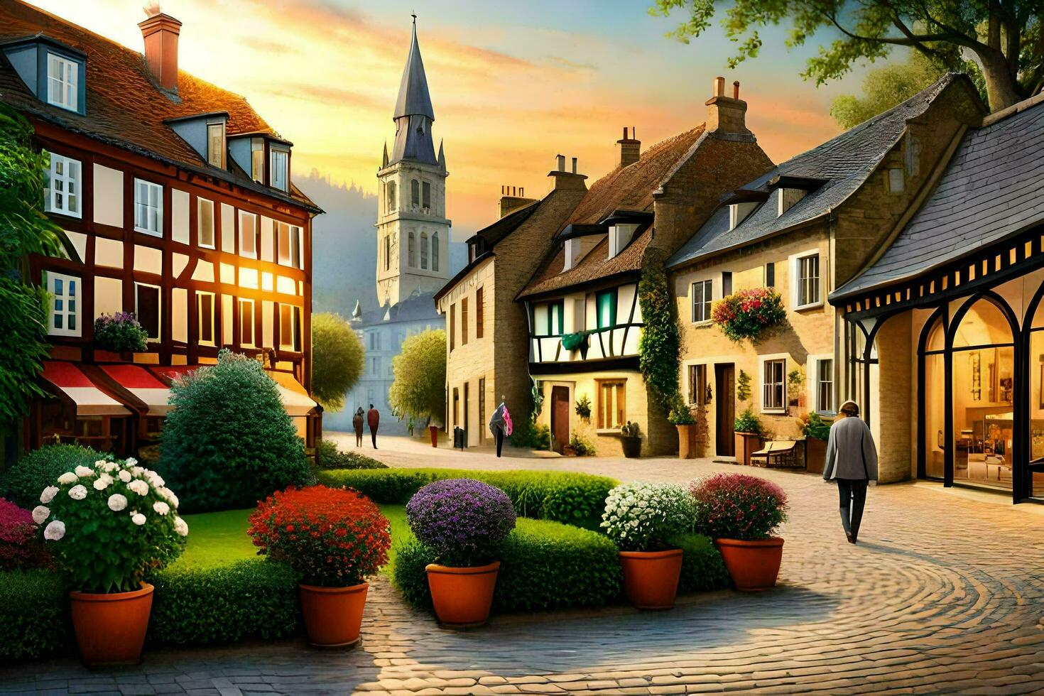 a painting of a street scene with flowers and buildings. AI-Generated photo