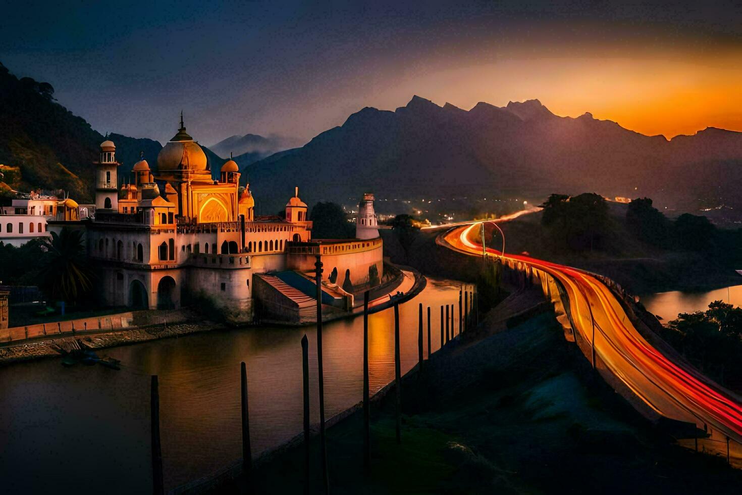 the sunset over the river and a bridge. AI-Generated photo