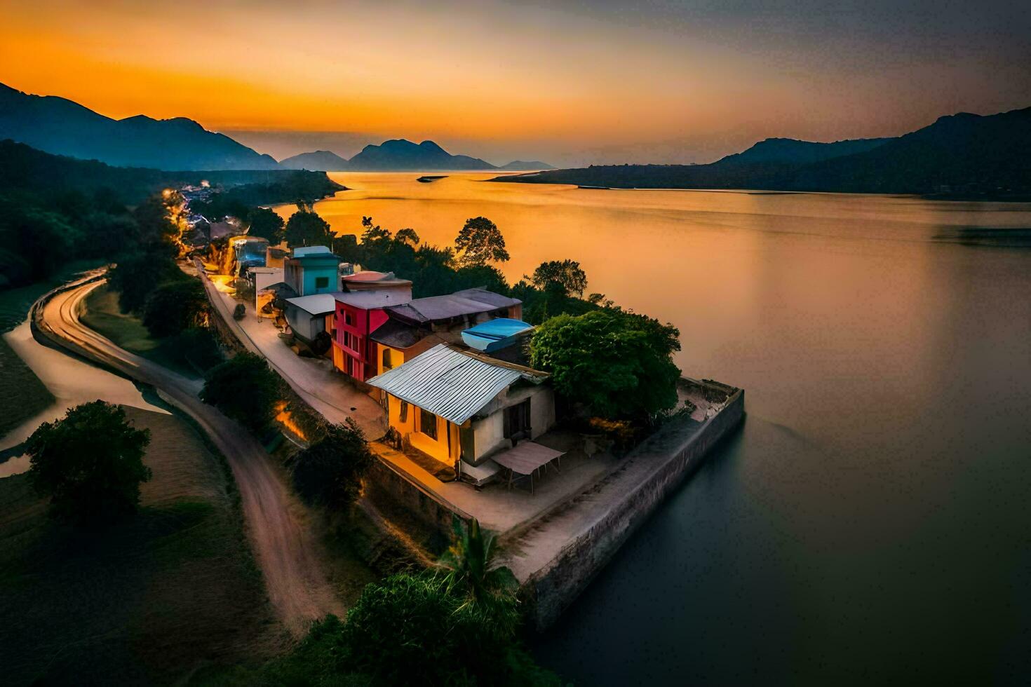 el puesta de sol terminado un río y casas generado por ai foto