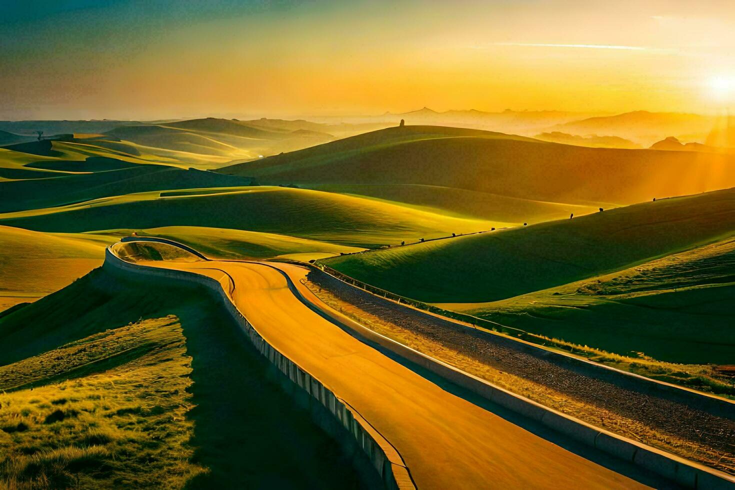 the sun rises over a road in the middle of a green field. AI-Generated photo