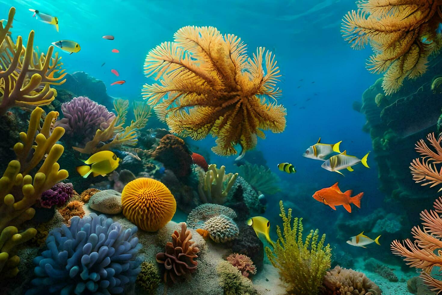 un submarino escena con vistoso corales y pez. generado por ai foto