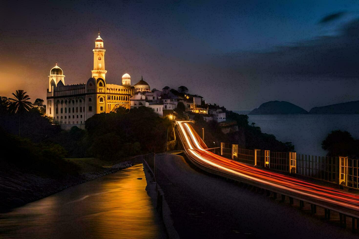 a long exposure photo of a church and a road. AI-Generated