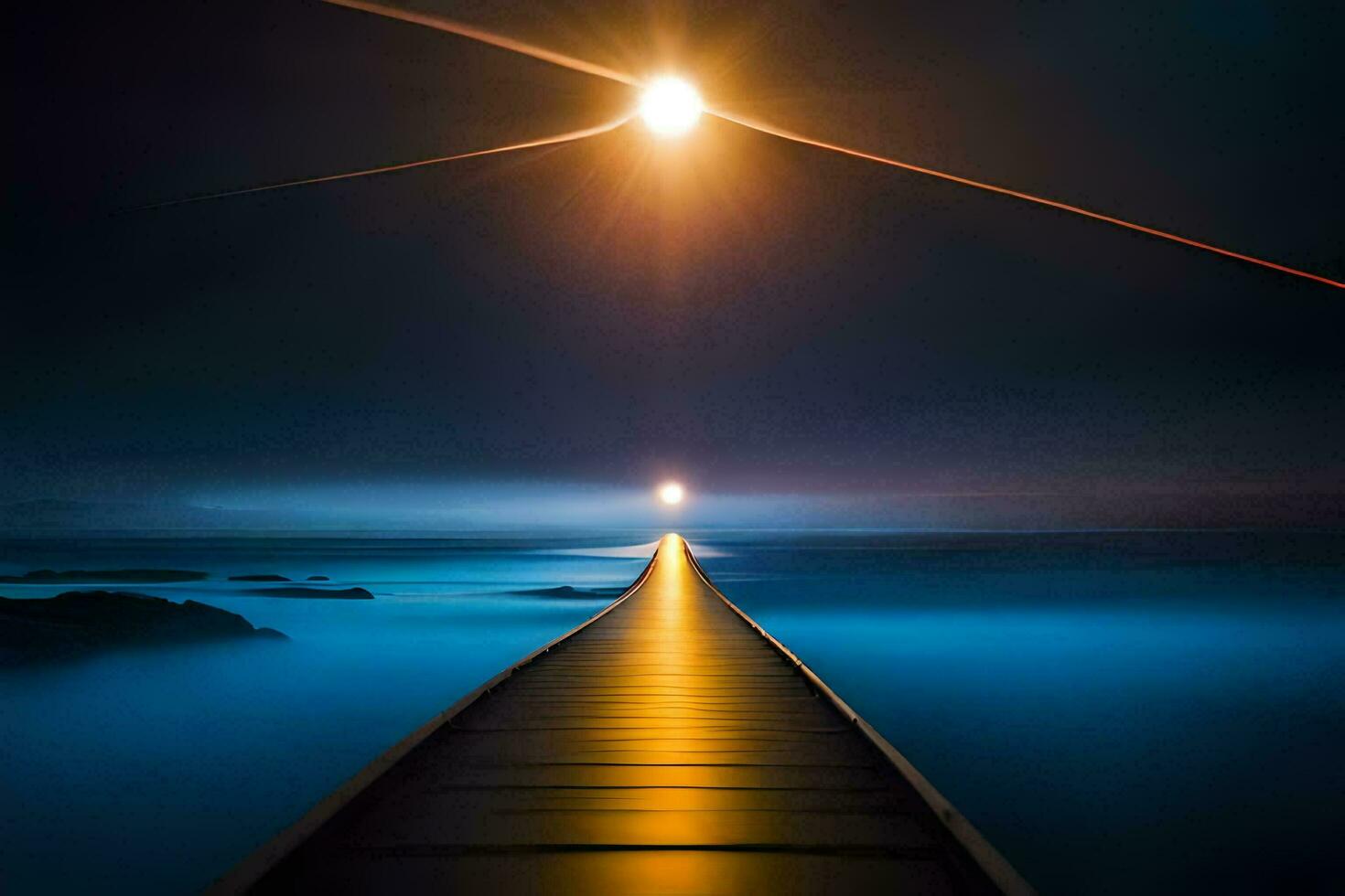 a long wooden pier with the sun shining over it. AI-Generated photo