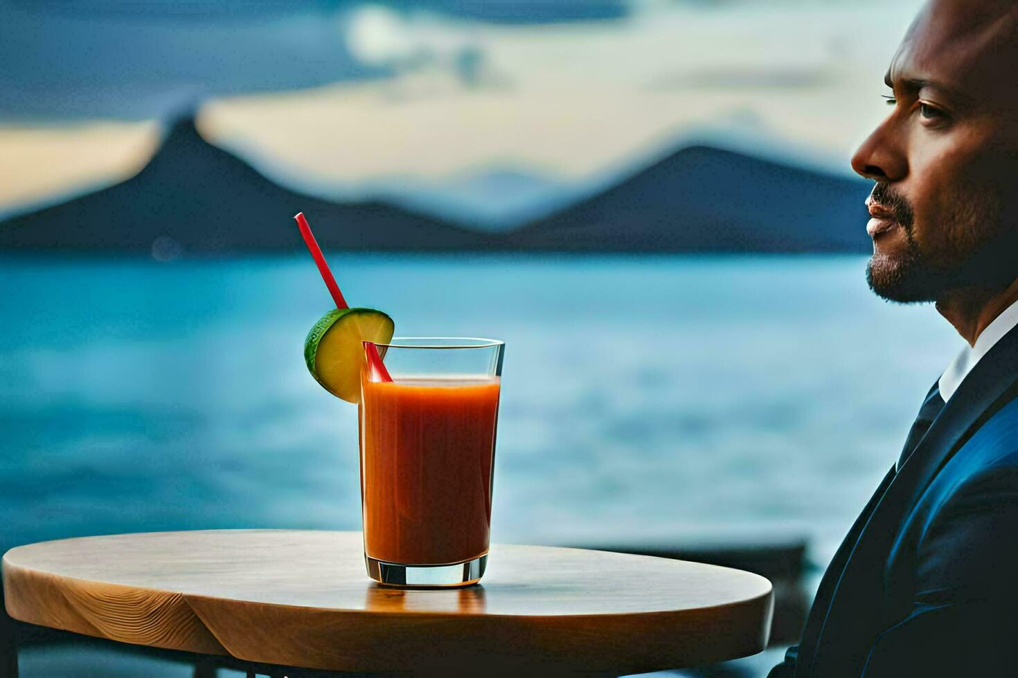 a man in a suit sitting at a table with a drink. AI-Generated photo