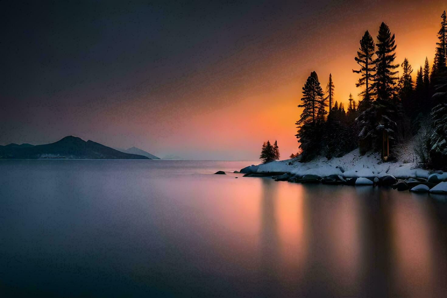 a beautiful sunset over a lake with snow covered trees. AI-Generated photo