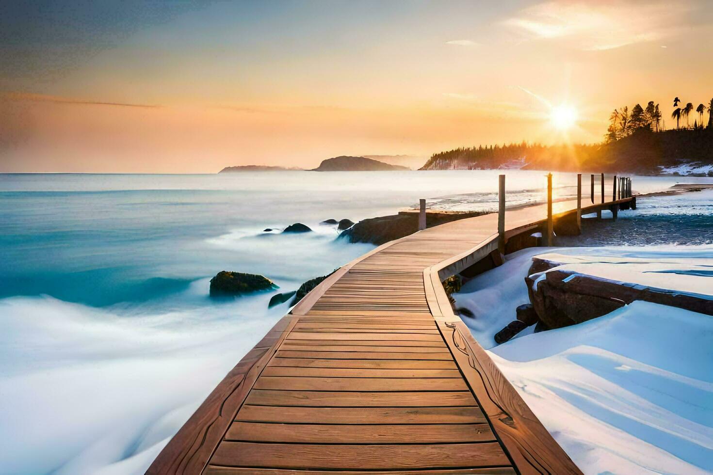 a wooden boardwalk leads to the ocean at sunset. AI-Generated photo