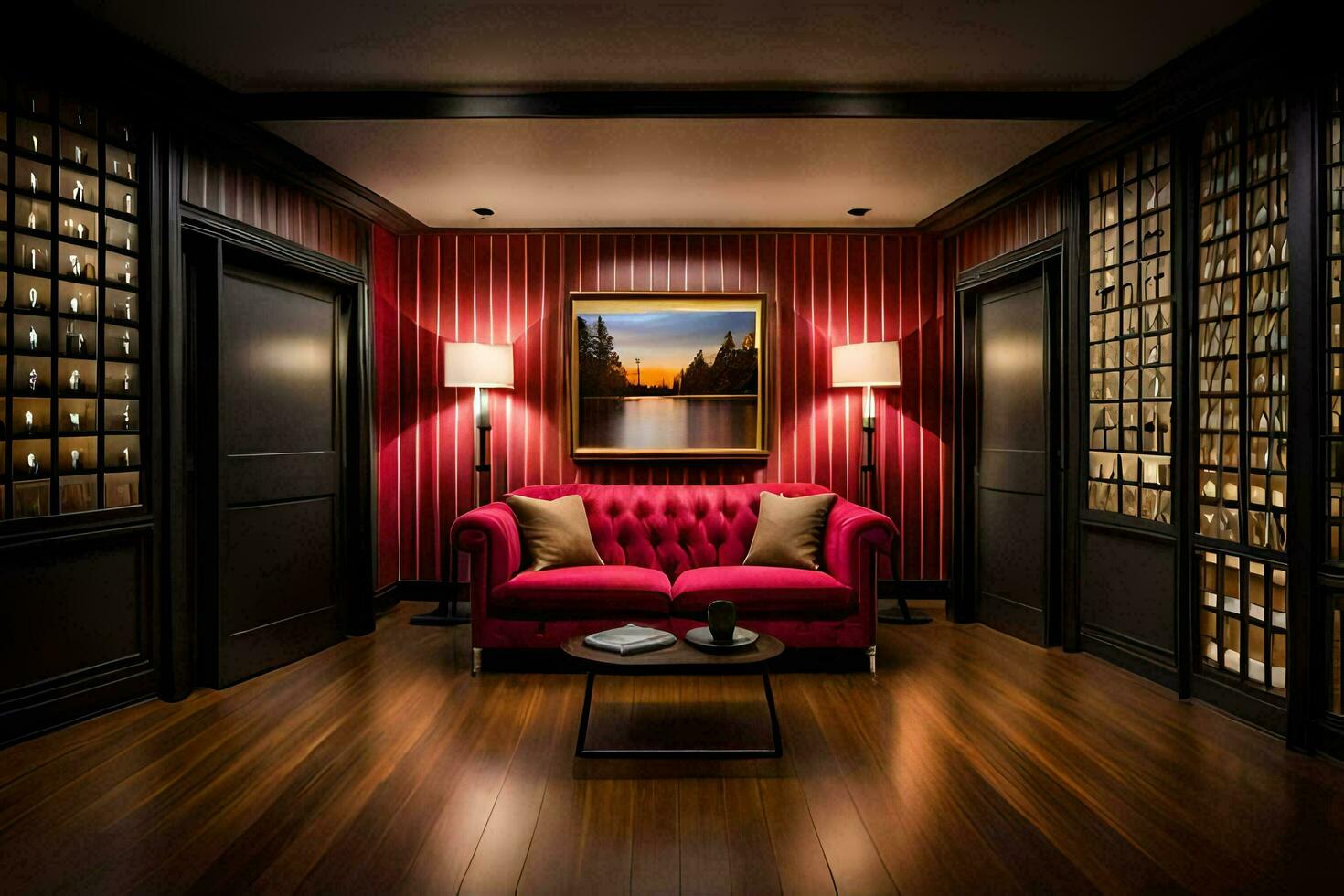 a red couch sits in a room with a painting on the wall. AI-Generated photo