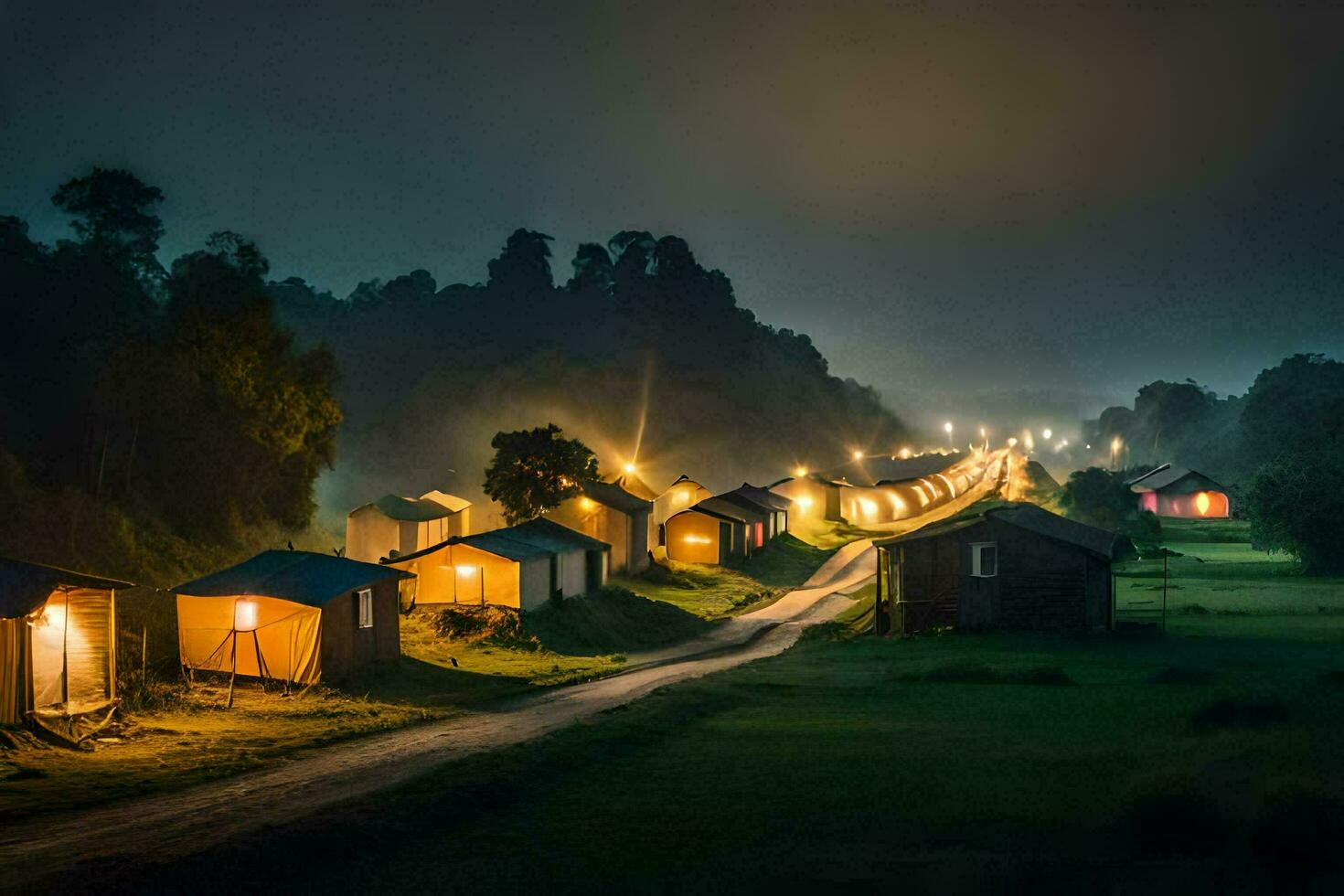 a row of small cabins in the middle of a field at night. AI-Generated photo