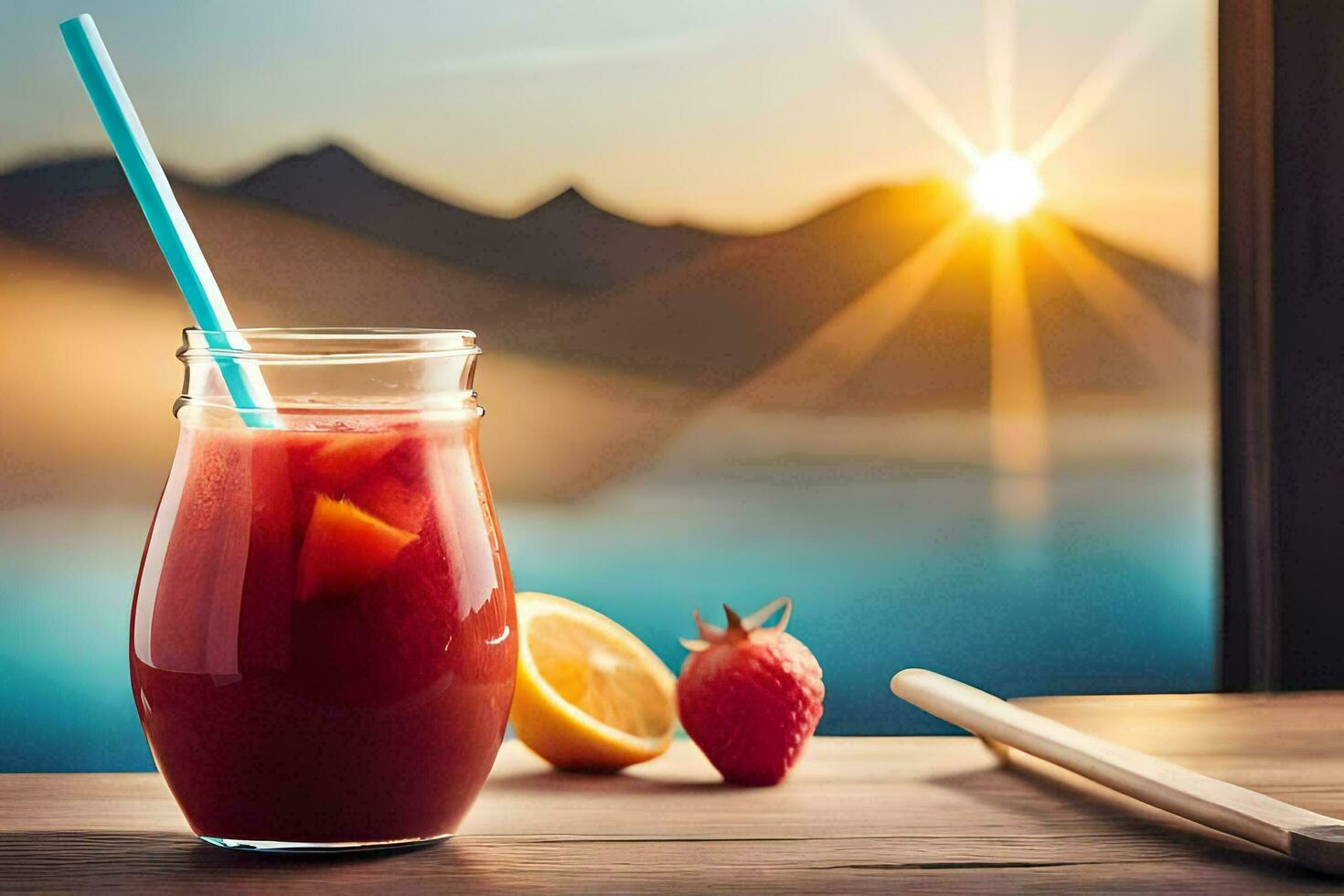a glass of juice with strawberries and a slice of lemon on a table with a view of the. AI-Generated photo