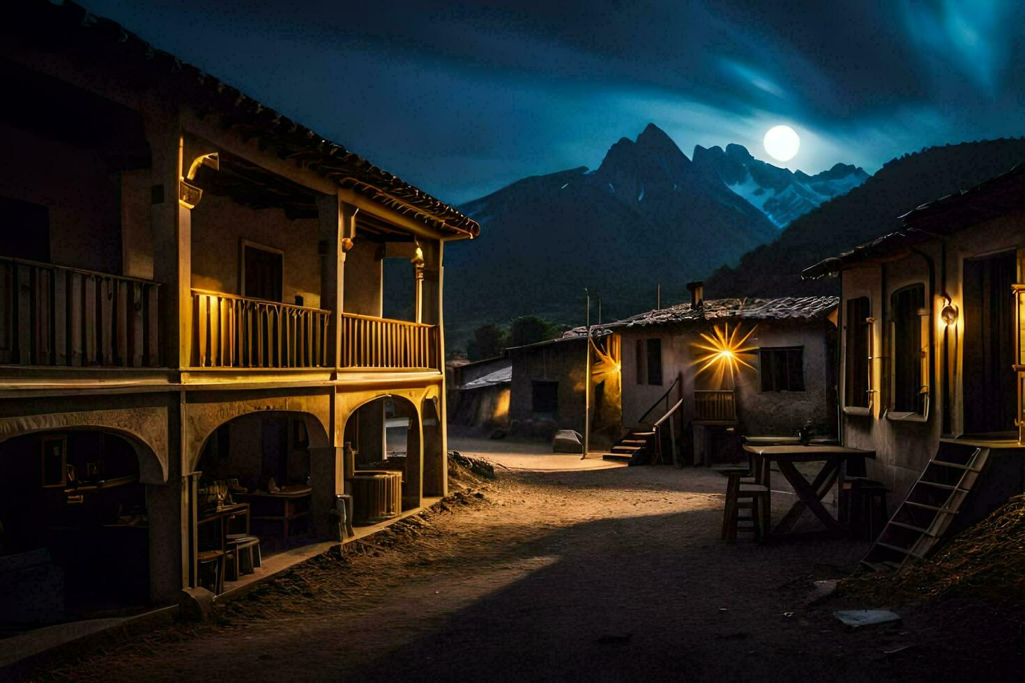 photo wallpaper the moon, night, the mountains, the village, the moon, the village,. AI-Generated