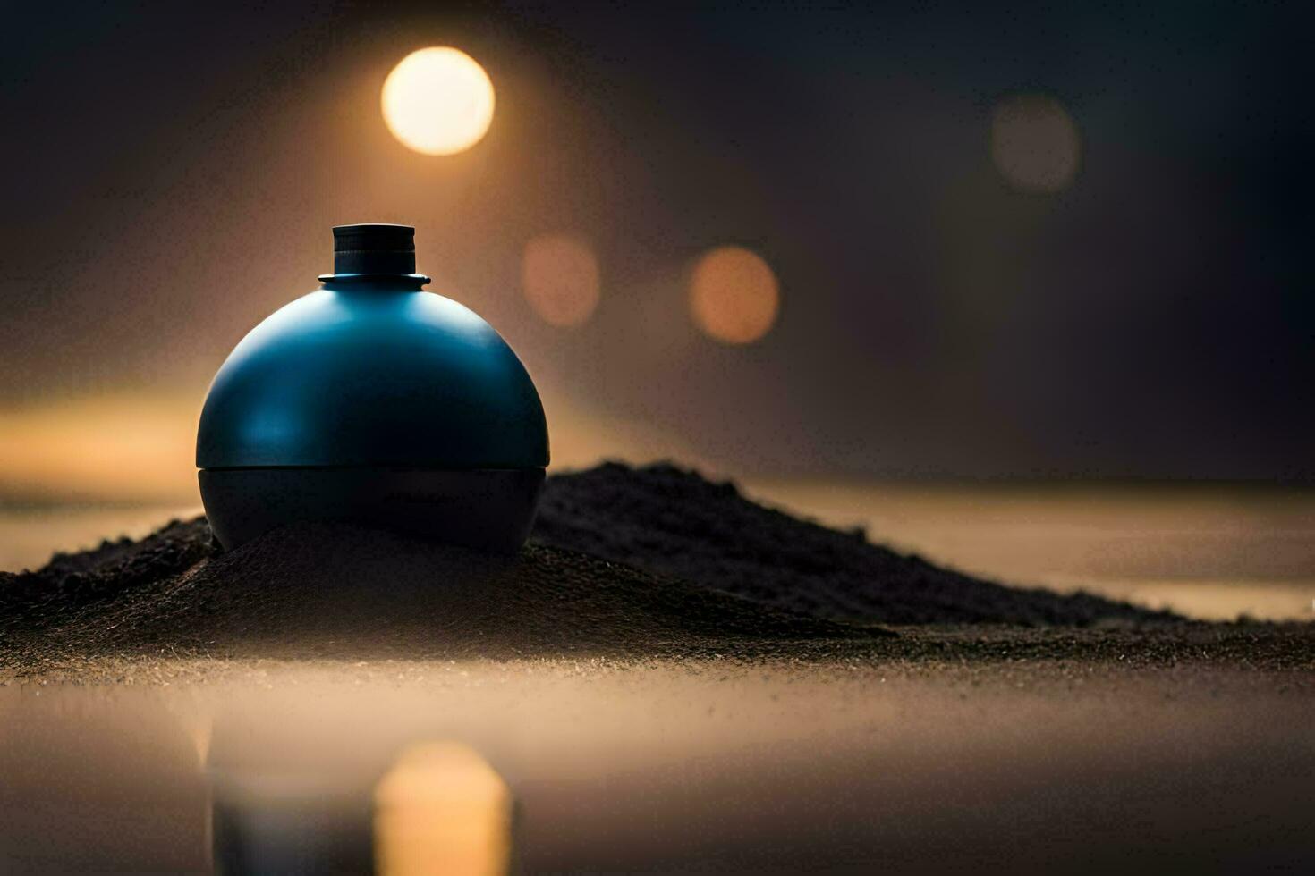 a bottle of perfume sitting on top of sand. AI-Generated photo