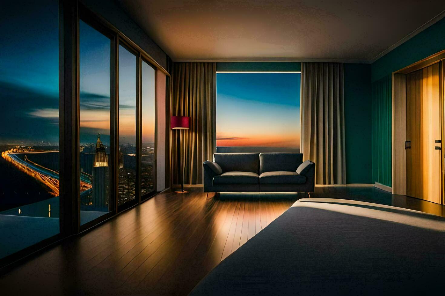 a bedroom with a view of the city at sunset. AI-Generated photo