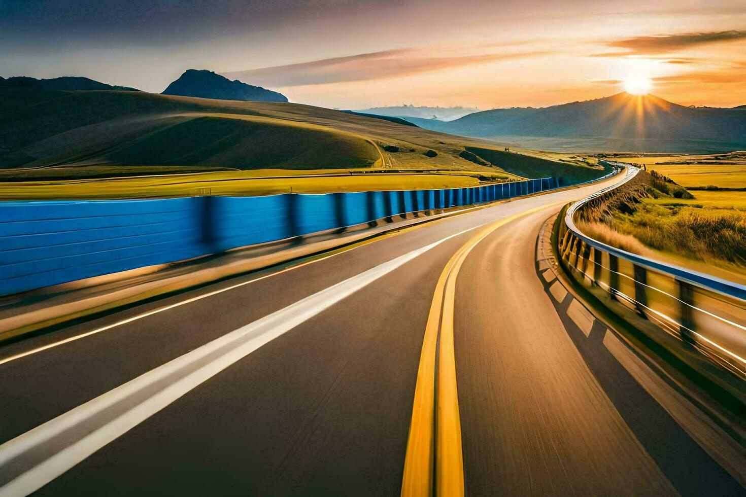 a highway with the sun setting behind it. AI-Generated photo