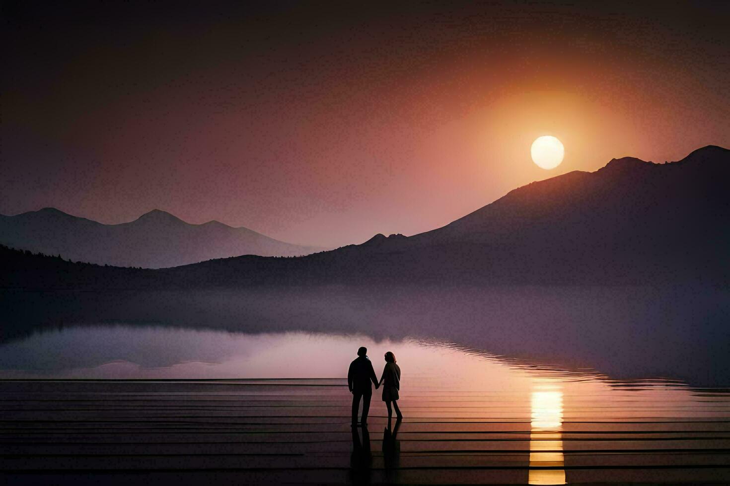 un Pareja en pie en el apuntalar de un lago a puesta de sol. generado por ai foto