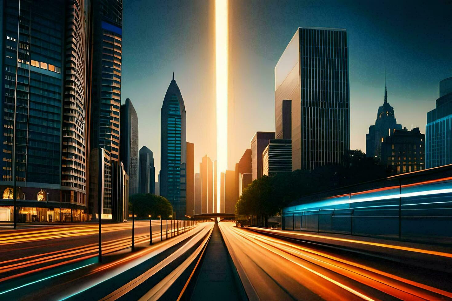 a city street with light trails and cars driving on it. AI-Generated photo