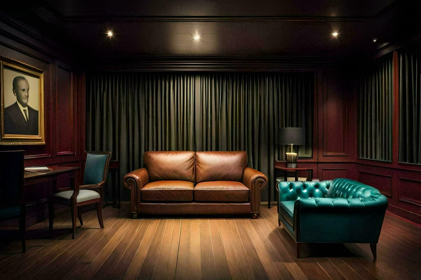 the room has a leather couch and a blue chair. AI-Generated photo