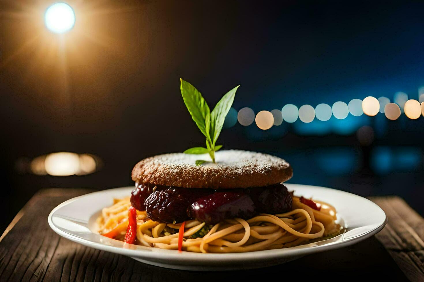a plate of spaghetti and meatballs on a wooden table. AI-Generated photo