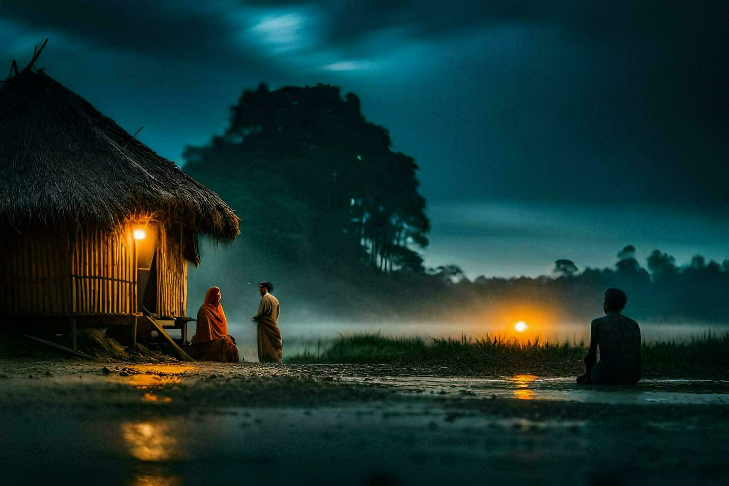 photo wallpaper the night, people, house, water, fog, river, night, river,. AI-Generated