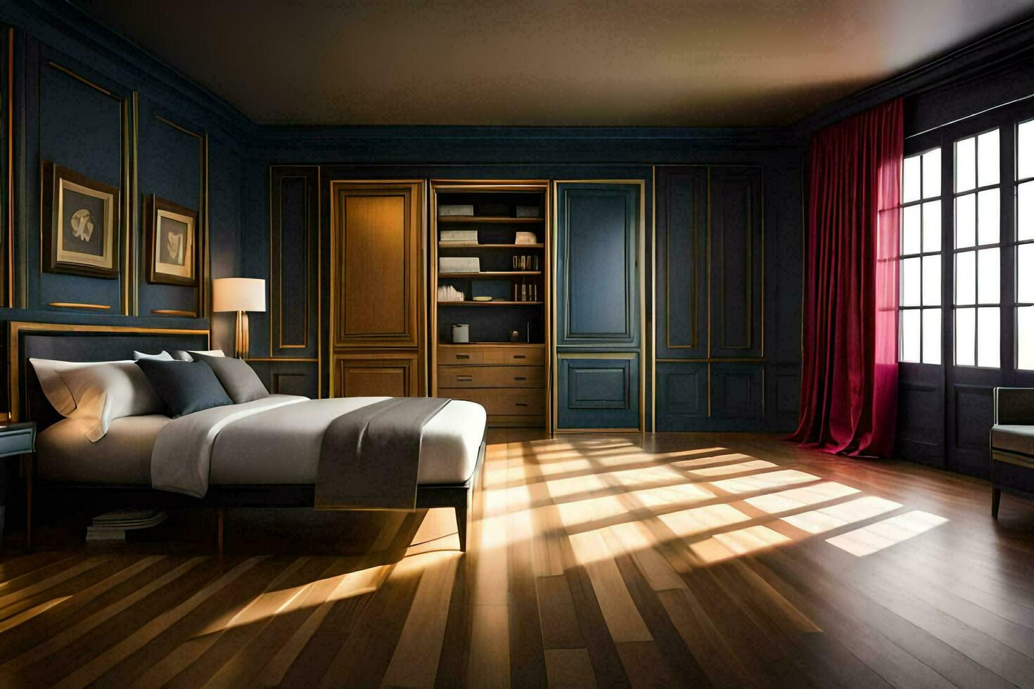a bedroom with blue walls and wood floors. AI-Generated photo