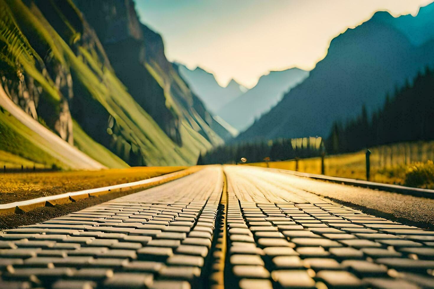 a road with a stone path in front of mountains. AI-Generated photo