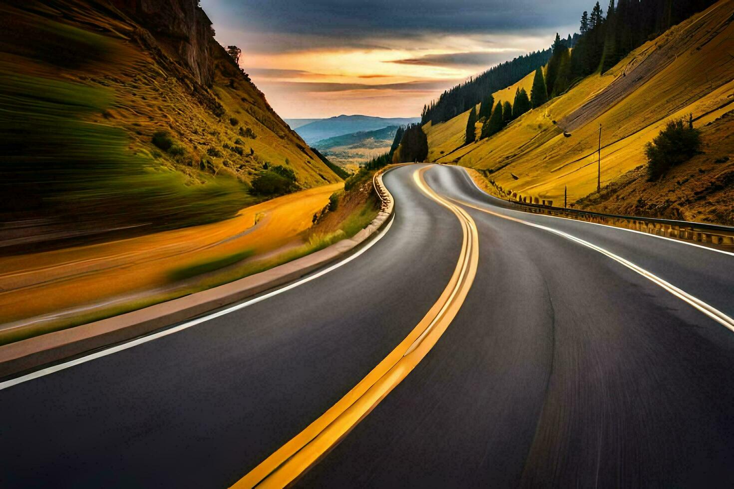 un largo, devanado la carretera con un amarillo línea. generado por ai foto