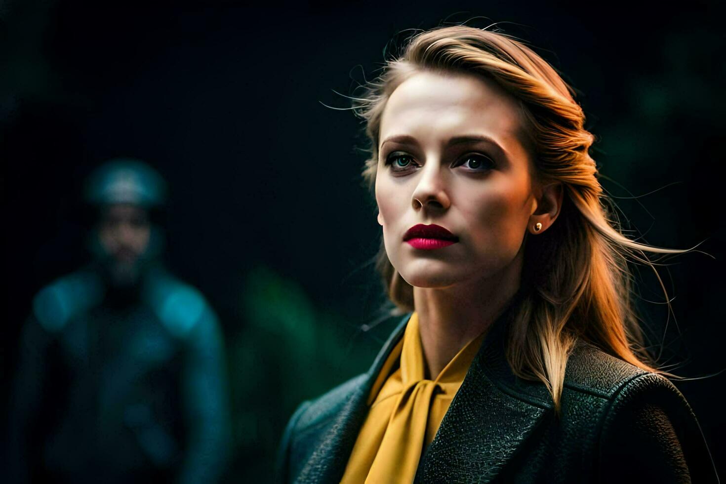 a woman with red lipstick and a black jacket. AI-Generated photo