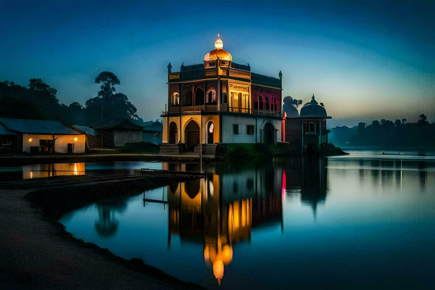 a beautiful building sits on the edge of a lake at night. AI-Generated photo