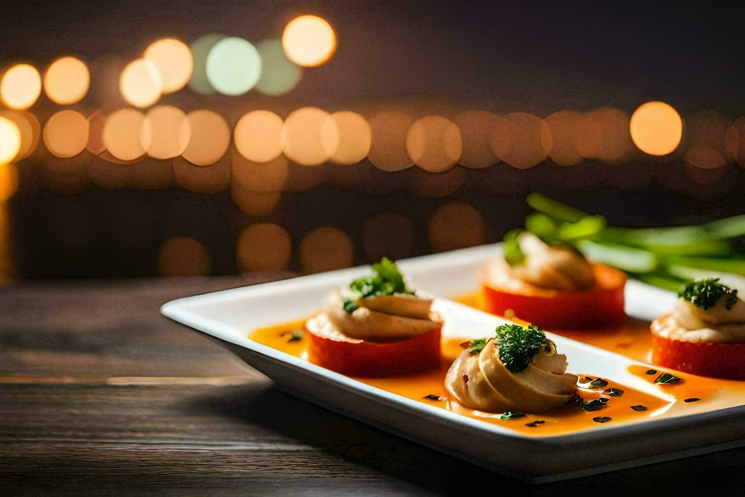 a plate of appetizers with a view of the city. AI-Generated photo