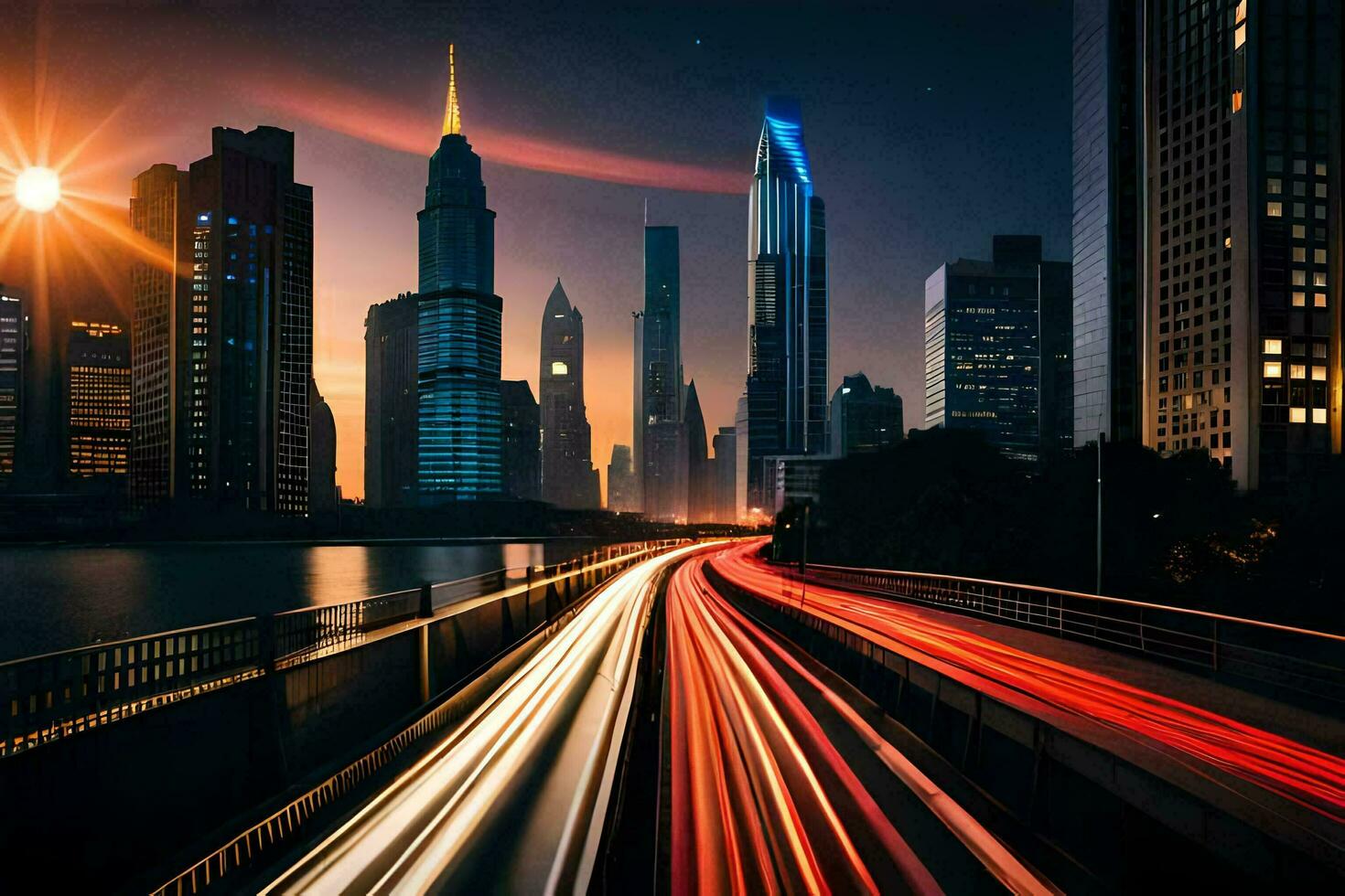 a city skyline at night with traffic lights. AI-Generated photo