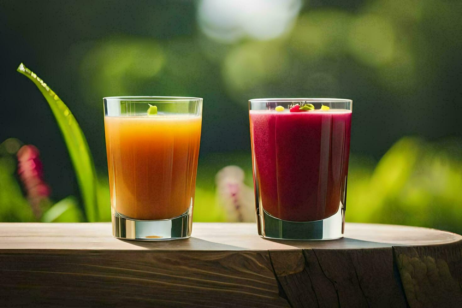 two glasses of juice on a wooden table. AI-Generated photo