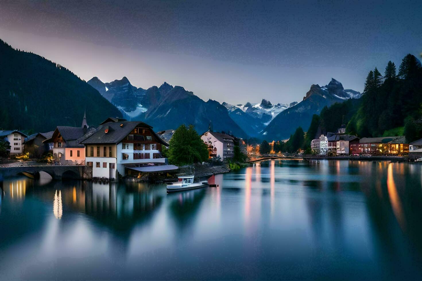 photo wallpaper the sky, mountains, lake, house, river, mountains, switzerland, al. AI-Generated