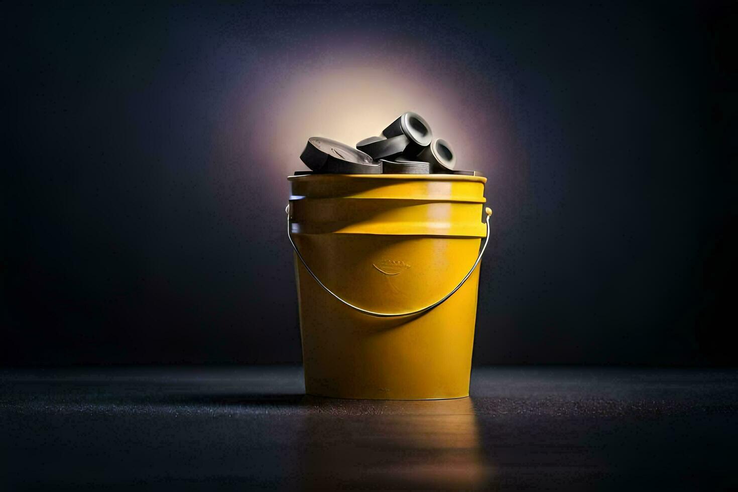 a yellow bucket filled with black rocks. AI-Generated photo