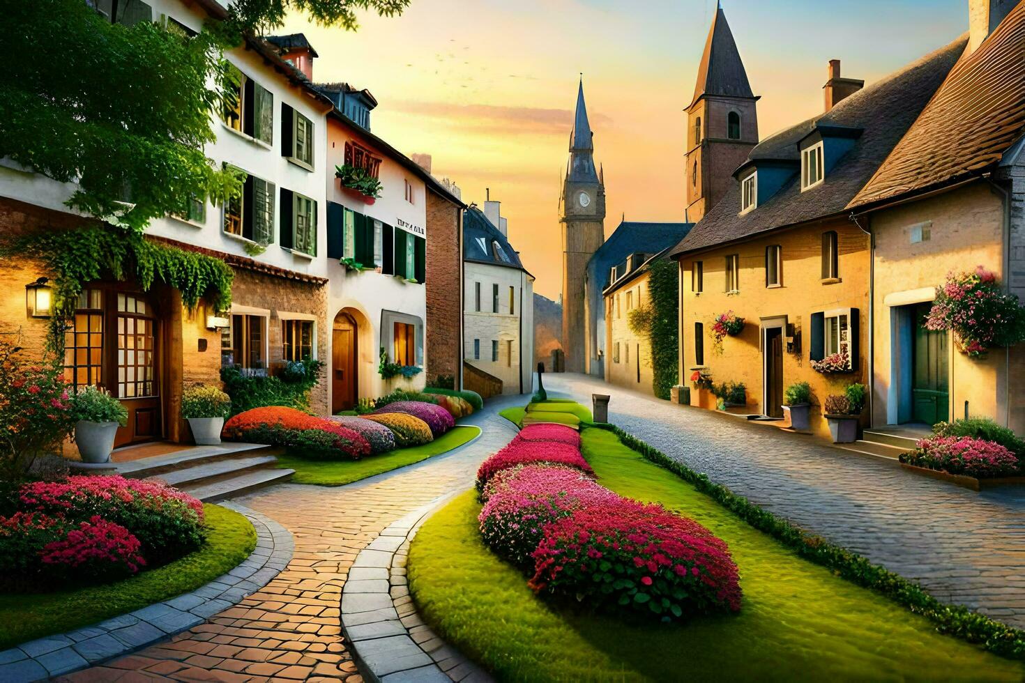 a street in a european town with flowers and buildings. AI-Generated photo